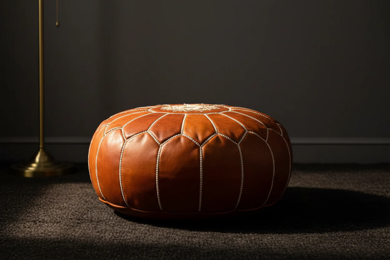 genuine Moroccan leather pouf hand-stitched tan embroidered